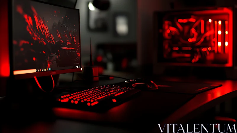 High-end gaming workstation in dramatic red accent lighting.