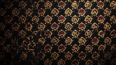 Textile shows repeating gold and red woven ornamental pattern