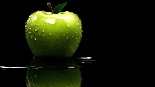 Dewlit green apple poised over inky mirror of night.