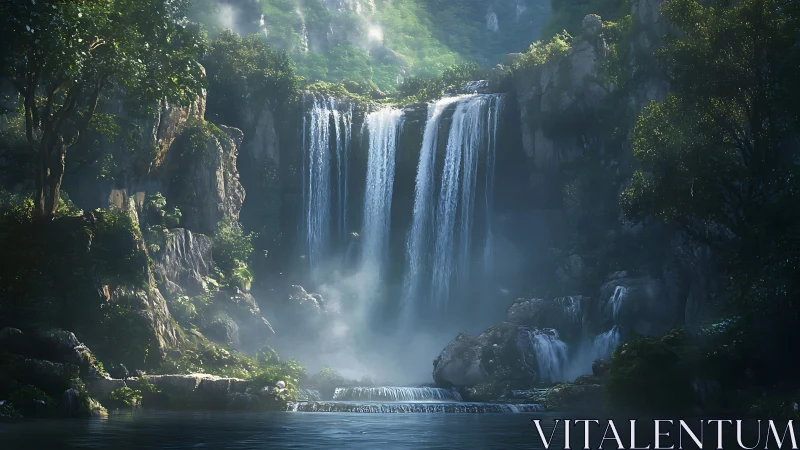Sunlit jungle waterfall cascades into a misty hidden pool.