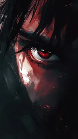Intense red eye in shadowed digital character portrait.