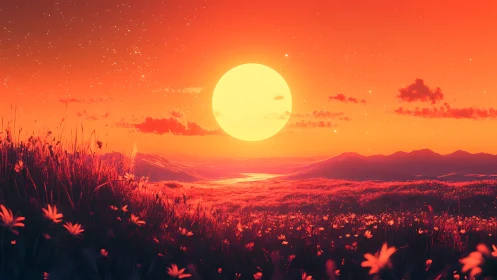 Scarlet sunfall over wildflower plains and molten horizons.