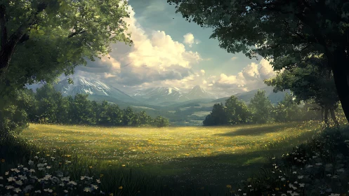 Mountain meadow with tree-framed foreground and clouds.