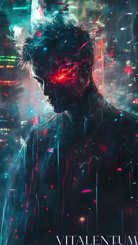 Cybernetic man with glowing red eye in neon haze.