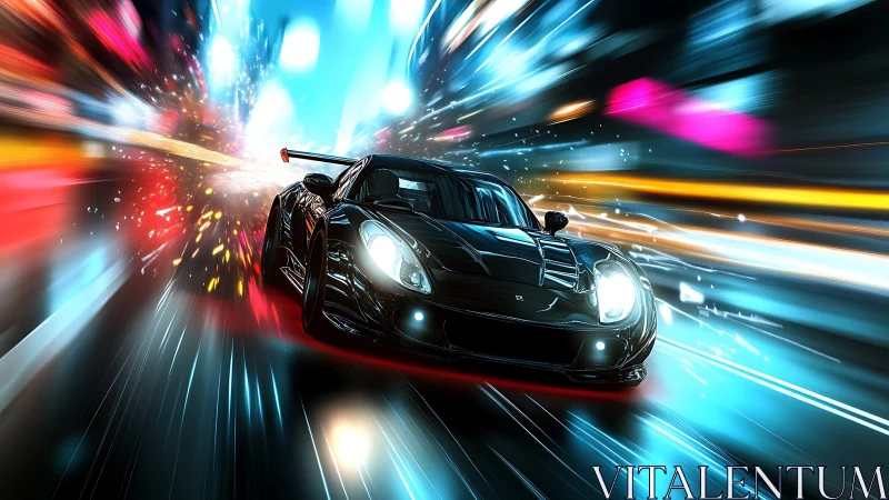 Black sports car on neon-lit urban roadway at speed.