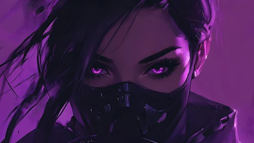 Neon-eyed shadow operative slices through the violet hush