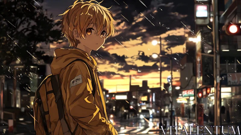 Golden hour wanderer in rain glazed neon city streets.