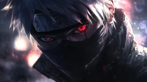 Silver haired masked shinobi with glowing crimson cyber eye.