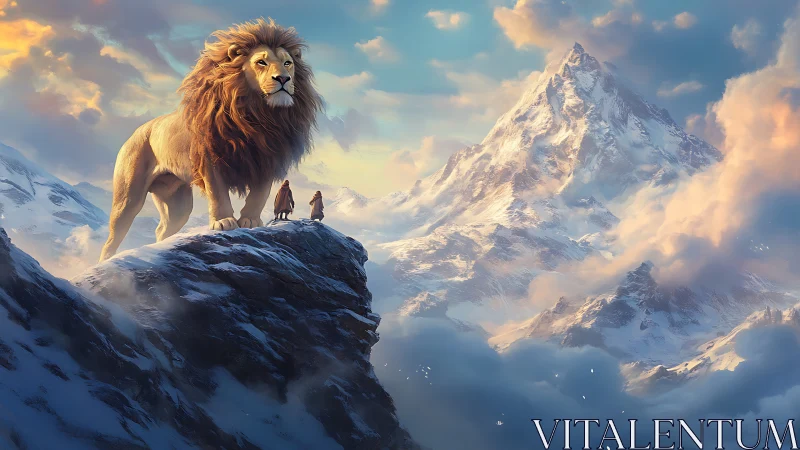 Lion and figures on snowy cliff before distant peak.