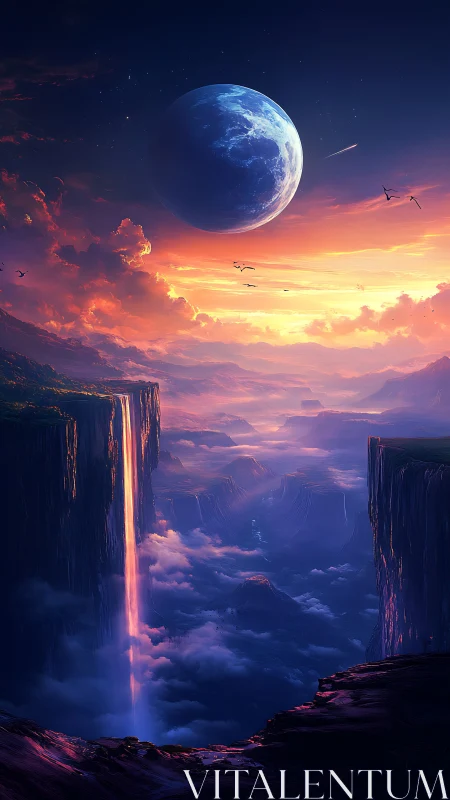 Moonlit skyfall over glowing cliffs and misty valleys.