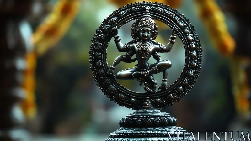 Bronze Nataraja statue within ornate circular halo outdoors.