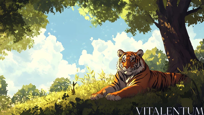 Tiger rests under dappled forest light in summer shade.