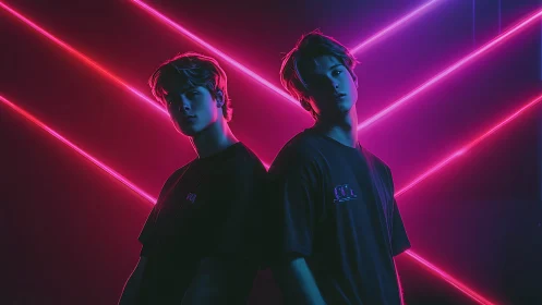 Neon-lit twins share a quiet moment in electric color.