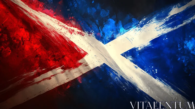 Abstract Scottish saltire with dynamic red blue splashes.