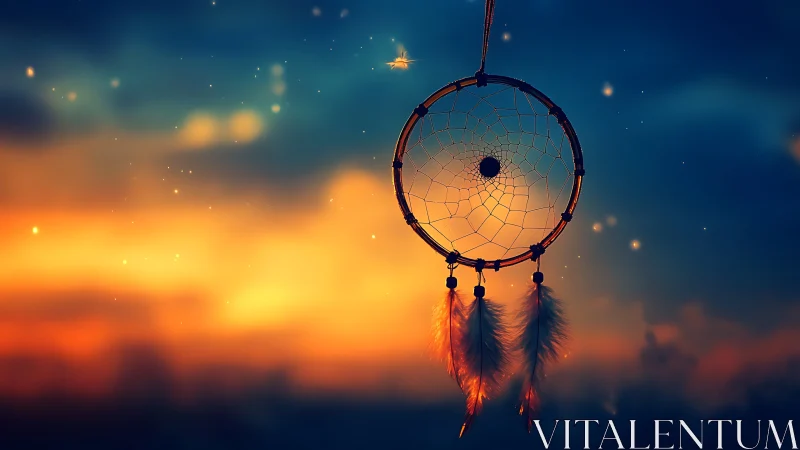 Dreamcatcher glows against a mystical twilight skyscape.