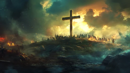 Storm-lit battlefield hill dominated by monumental wooden cross