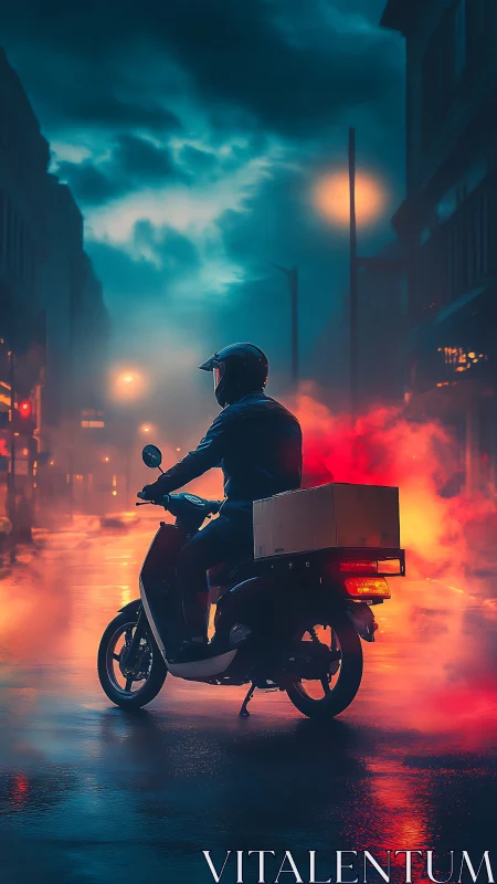 Delivery rider waits on scooter in neon lit wet street