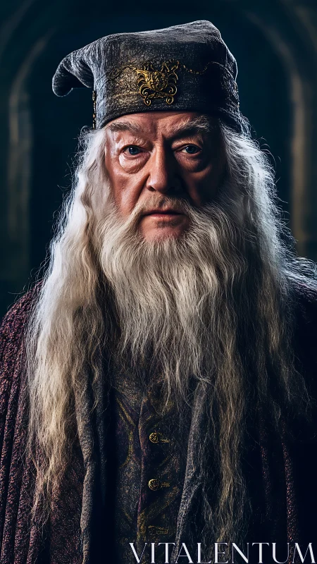 Elderly wizard in ornate hat stares forward in dim hall