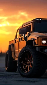 Orange off-road SUV rendered against sunset sky backdrop.