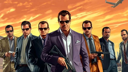 Suited armed group stands before orange sky at airfield