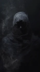 Hooded shadowed figure emerges from swirling dark smoke.