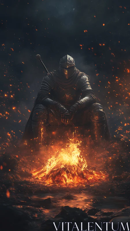 Armored figure sits before controlled campfire in dark void