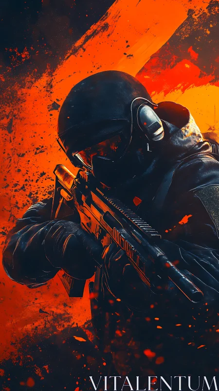 Tactical soldier with rifle amid explosive orange abstraction.