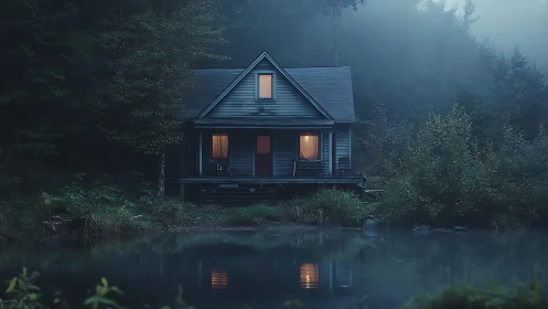 Foggy lakeside cabin glows warmly against dense forest backdrop