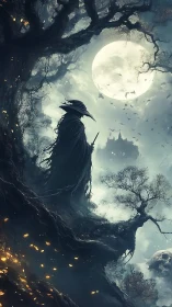 Cloaked figure stands on twisted cliff beneath full moon