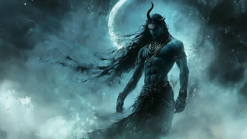 Mythic blue deity in high-contrast mist with dynamic backlighting