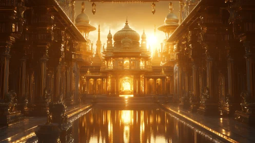 Golden palace corridor reflects sunset light on water