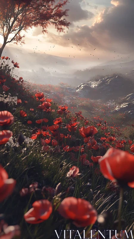 Red poppy meadow on sloping hillside under cloudy sky.