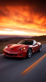 Red sports car speeds along open road under blazing sunset