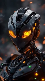 Black armored robot with glowing orange eyes in embers.