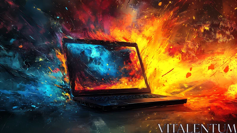 Blazing laptop bursts with swirling fire and cool blue energy