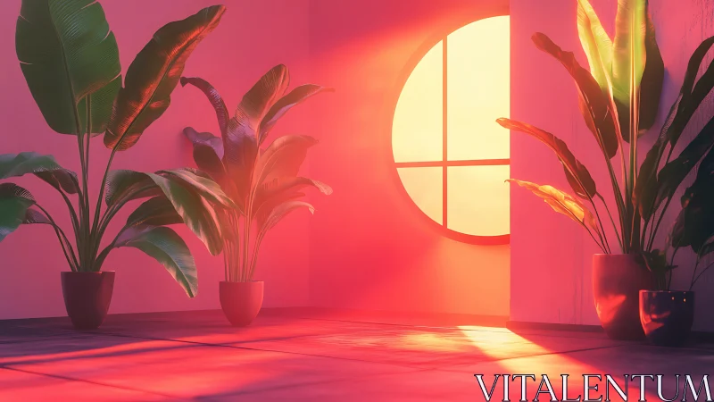 Indoor tropical plants under strong circular window light.