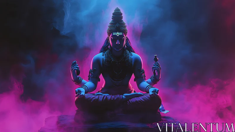 Seated four-armed deity in blue light amid colored mist.