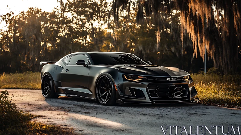 Matte black Chevrolet Camaro parked on sunlit rural road