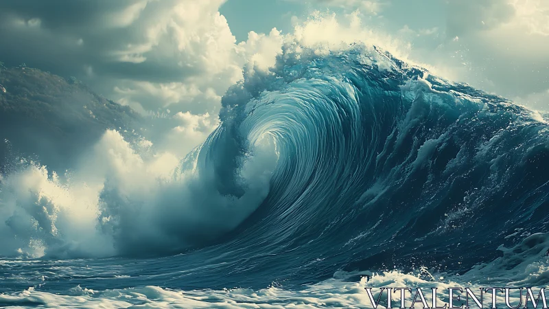 Titanic turquoise wave curls under storm-laden coastal sky.