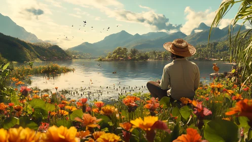 Solitude in bloom beside a sunlit mountain lake of wonder.