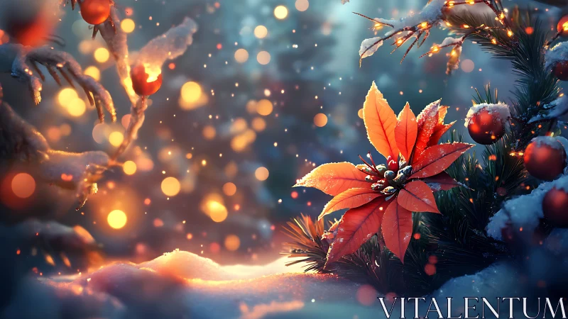 Snow covered poinsettia with winter lights and branches.