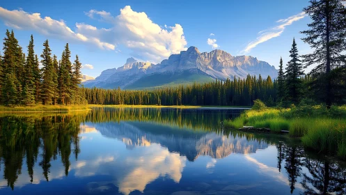 High dynamic range alpine lake reflection with conifer forest symmetry