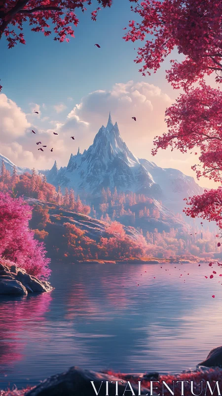 Mountain peak rises above pink forest beside reflective lake