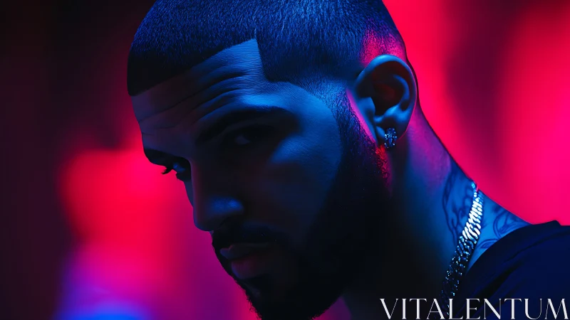 Chromatic side-lit male portrait under neon key lighting.