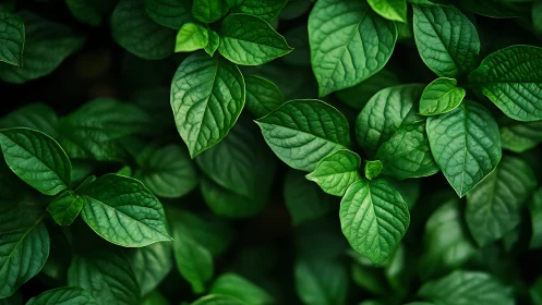 Lush green foliage with textured leaves in soft focus field.
