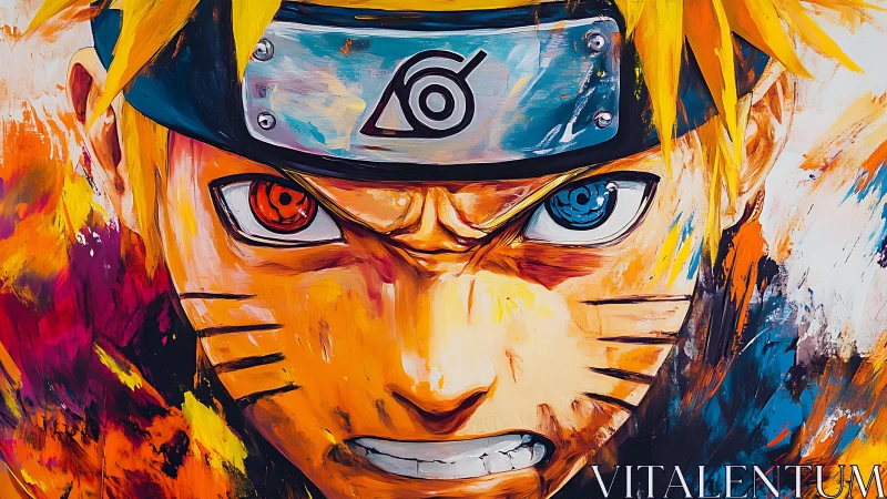 Blazing ninja stare in storm-bright paint and fury.