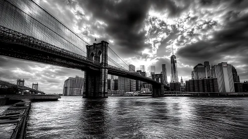 Monochrome urban bridge and skyline over reflective water.