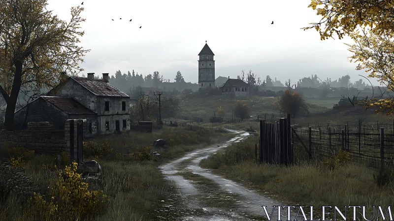 Rural dirt road leading to distant tower and farm buildings.