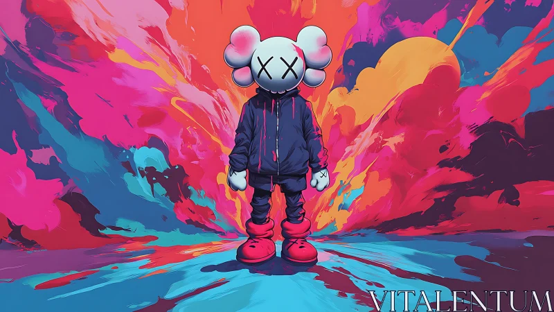 Hooded toy wanderer ignites a neon paintstorm backdrop.