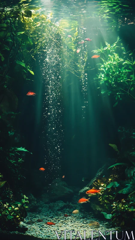 Tropical aquarium column with light rays and bubbles cascade.